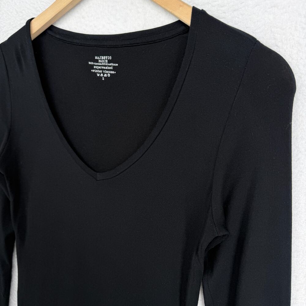 MAJESTIC PARIS Top Womens 2 S Superwashed Viscose Baselayer V-Neck Black